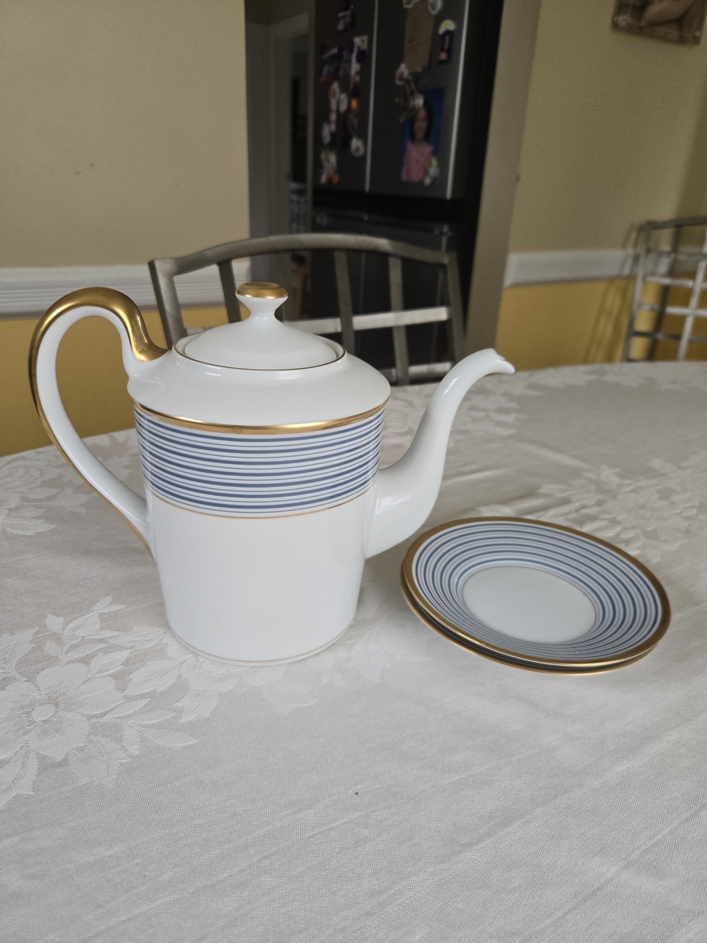 Tropez Blue By Christian Dior.  Coffee/ Tea Pot With Cover And 2 Coffee Plates.